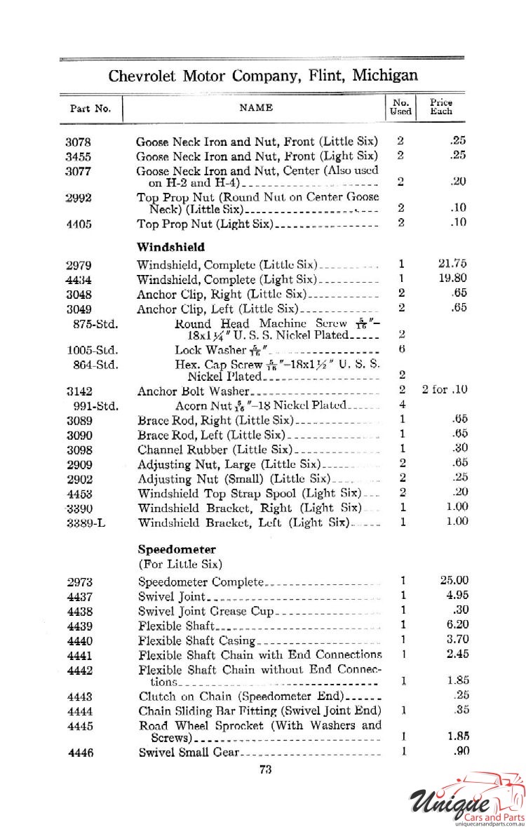 1912 Chevrolet Light and Little Six Parts Price List Page 7